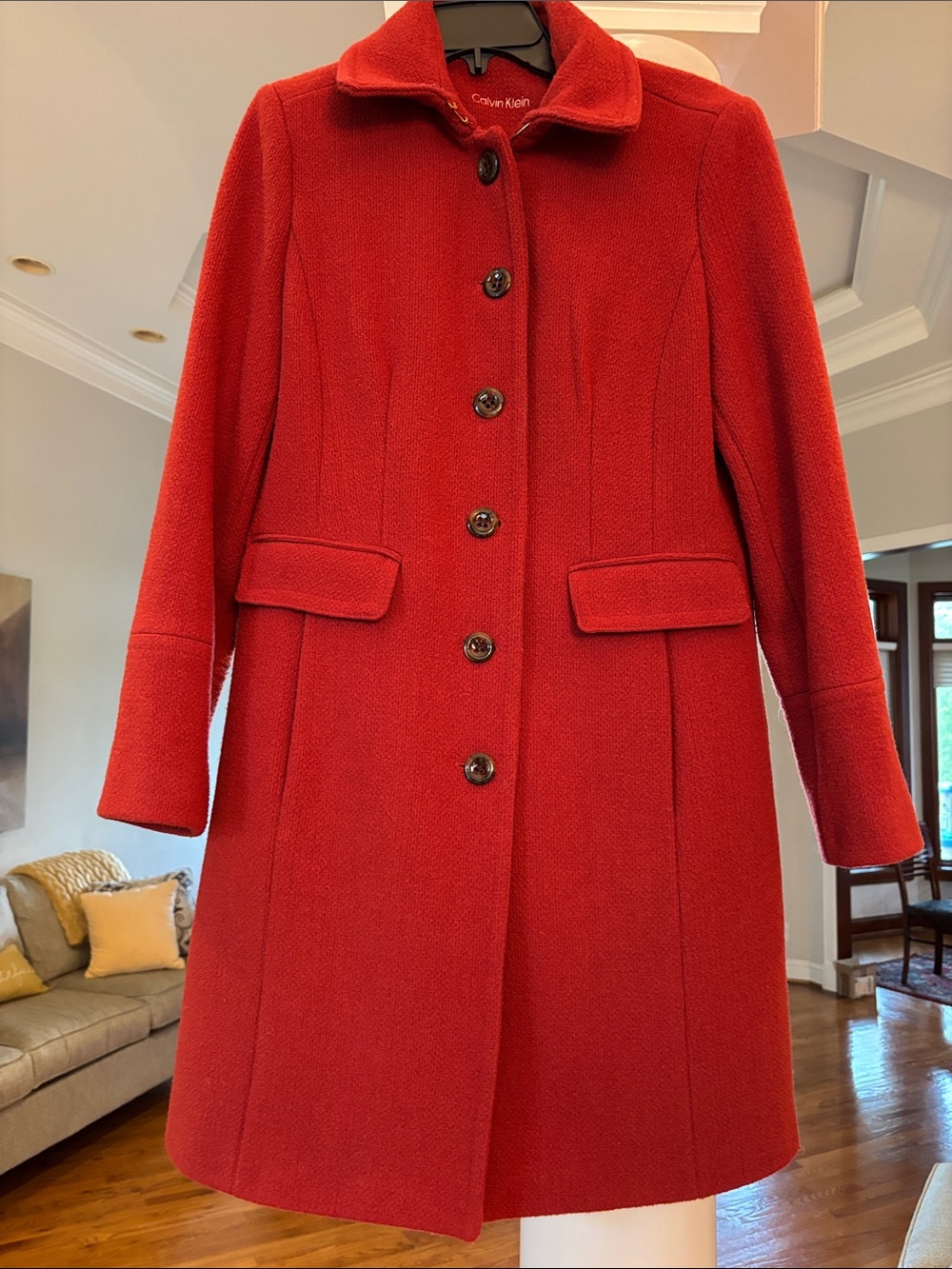 Calvin Klein Red Single-Breasted Wool Blend Pea Coat